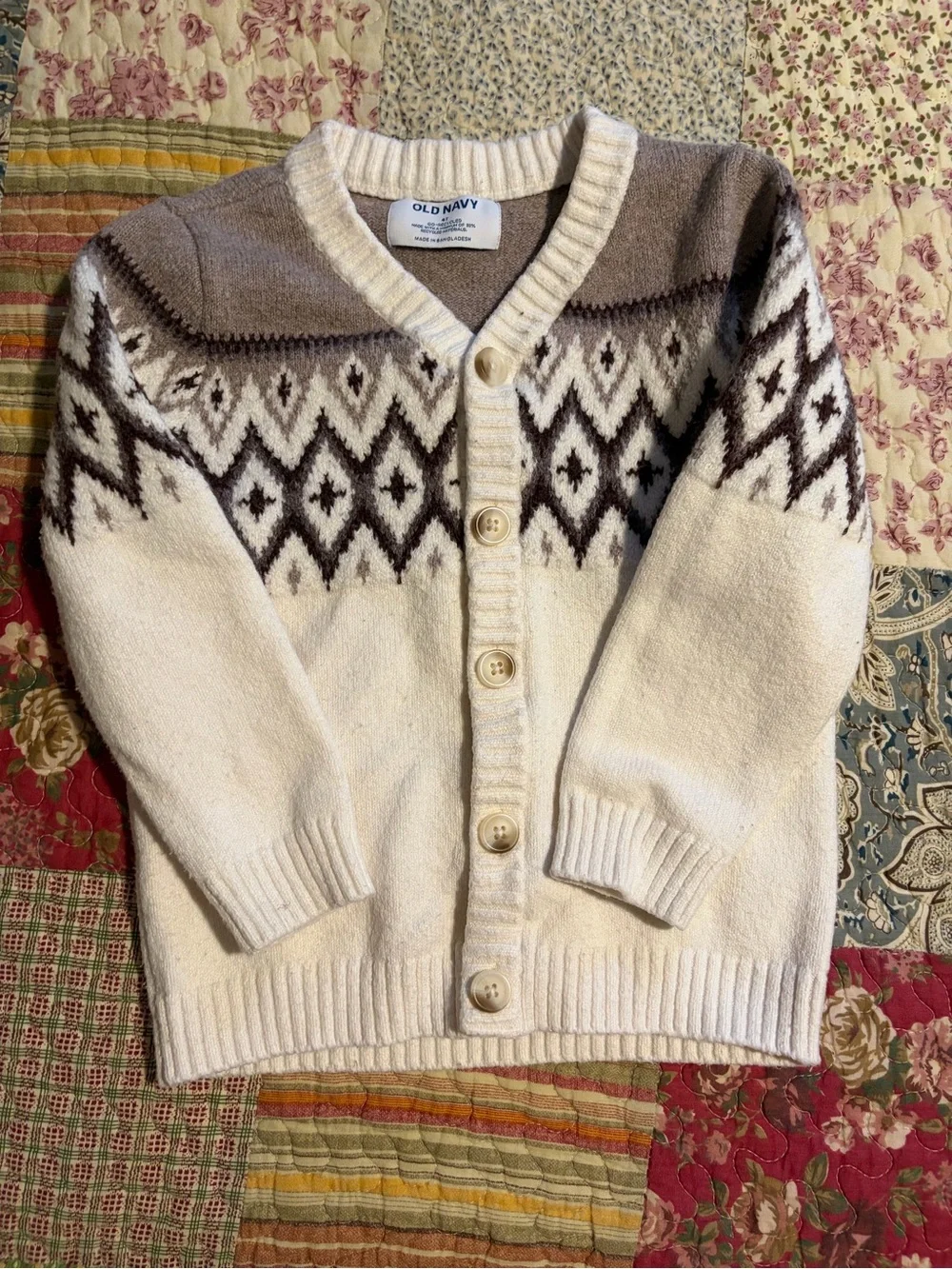 Old Navy Cream & Taupe Fair Isle Button Cardigan